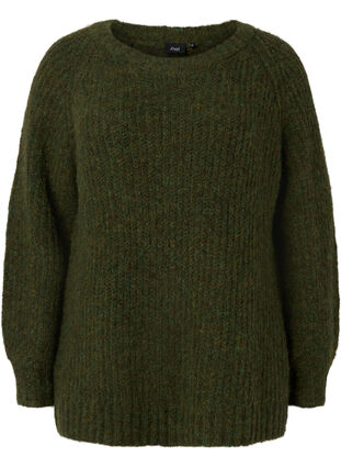 Knitted sweater with wool and raglan sleeves, Winter Moss, Packshot image number 0