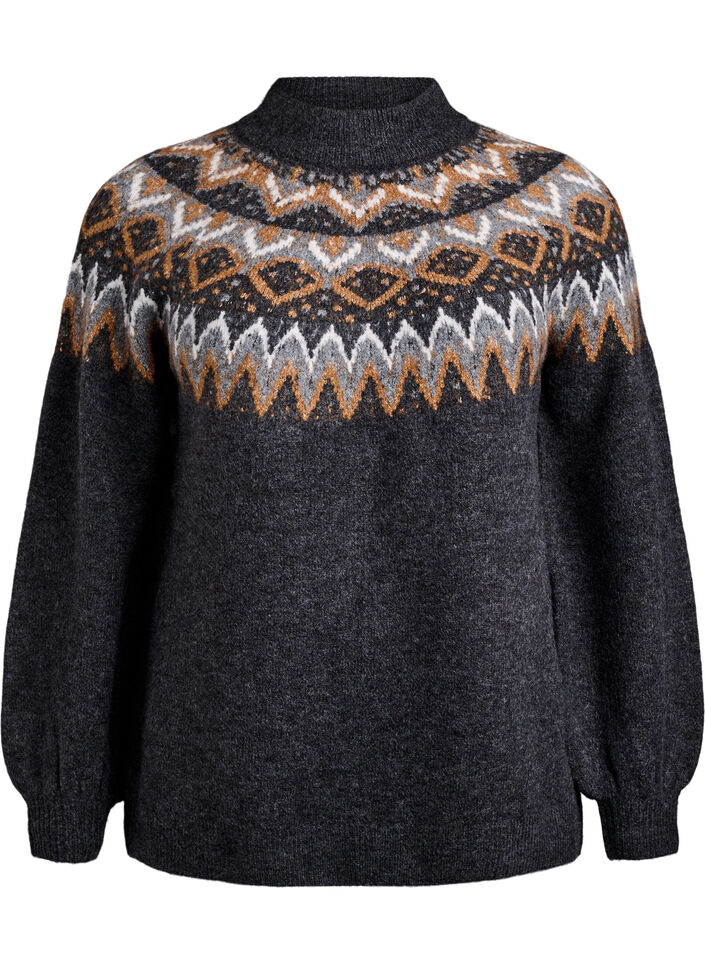 Knit blouse with pattern and high neck, Dark Grey, Packshot image number 0