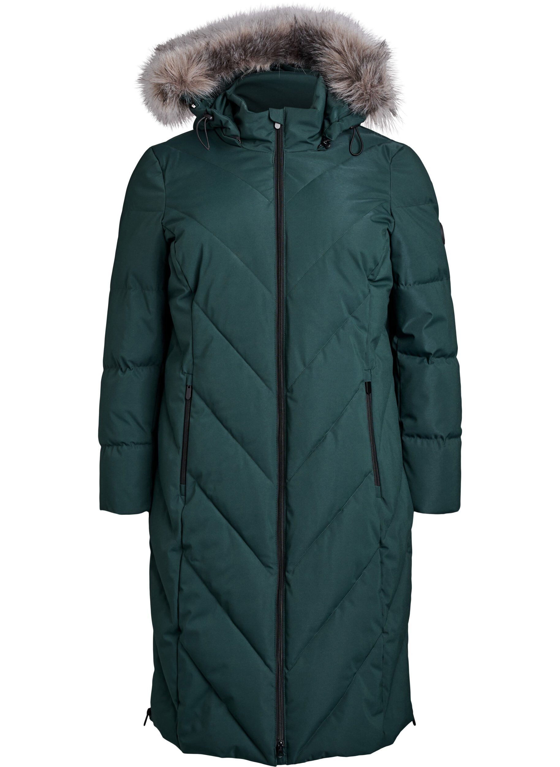Long winter coat with hook fastenings and a faux fur collar