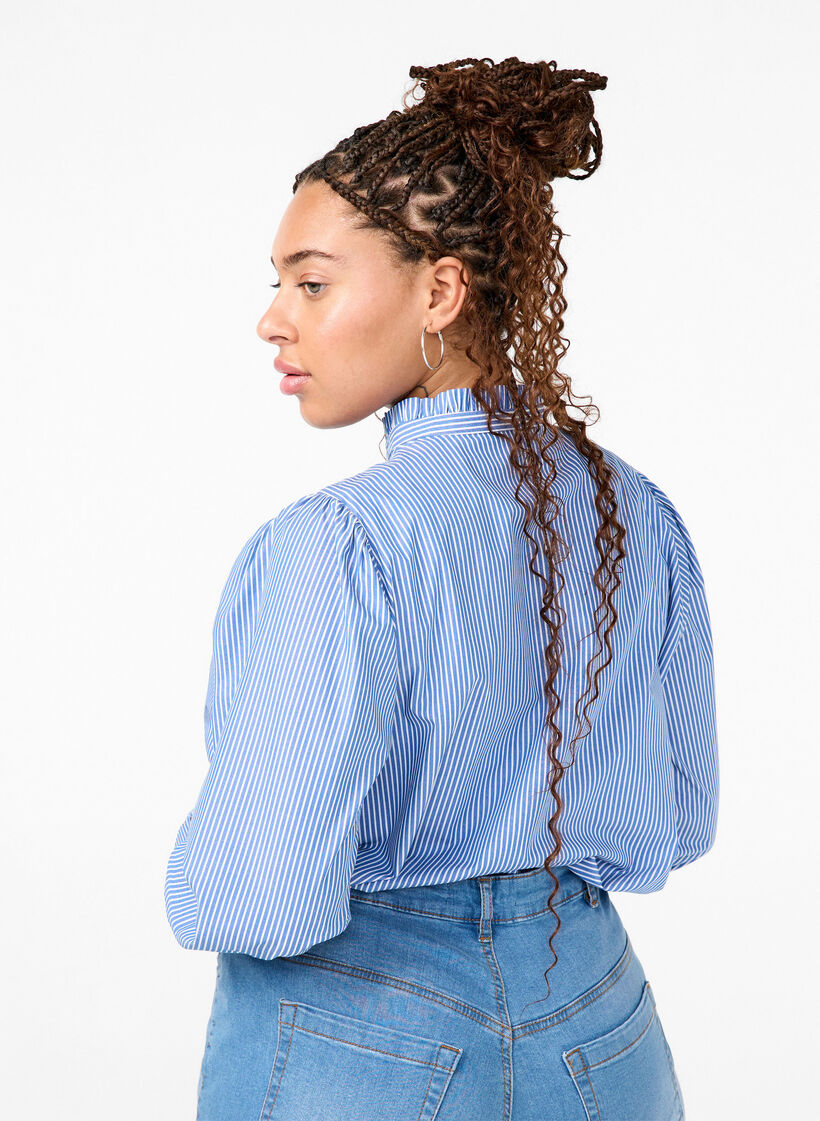 Striped shirt blouse with ruffles, Princess Blue W. St., Model image number 1