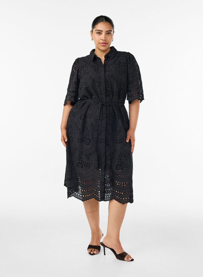Shirt dress in broderie anglaise with a tie-belt, Black, Model image number 1