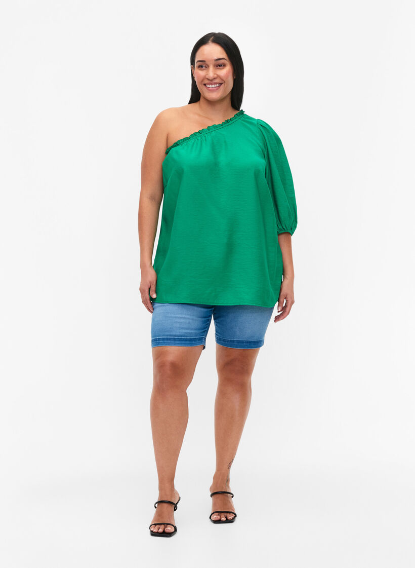 One-shoulder blouse in viscose, Green, Model image number 1