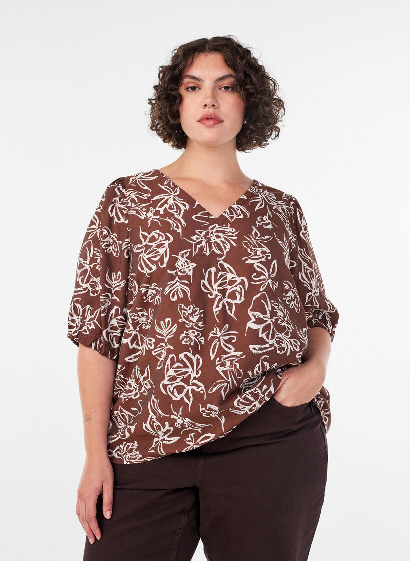 Viscose blouse with V-neck, Brown, Image image number 0