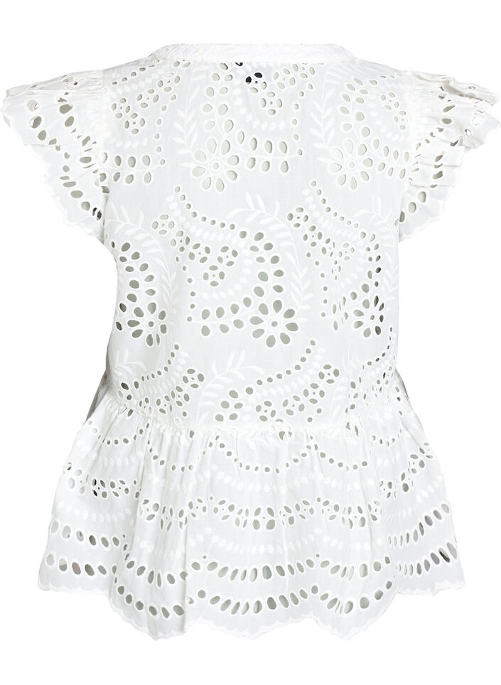 Sleeveless broderie anglaise blouse with ruffles, White, Packshot image number 1