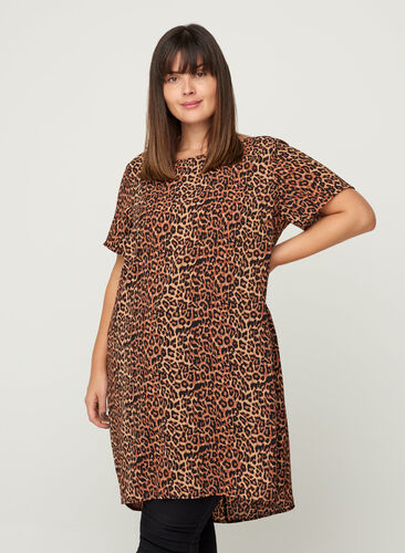 Short-sleeved tunic with a round neck, Leopard AOP, Model image number 0