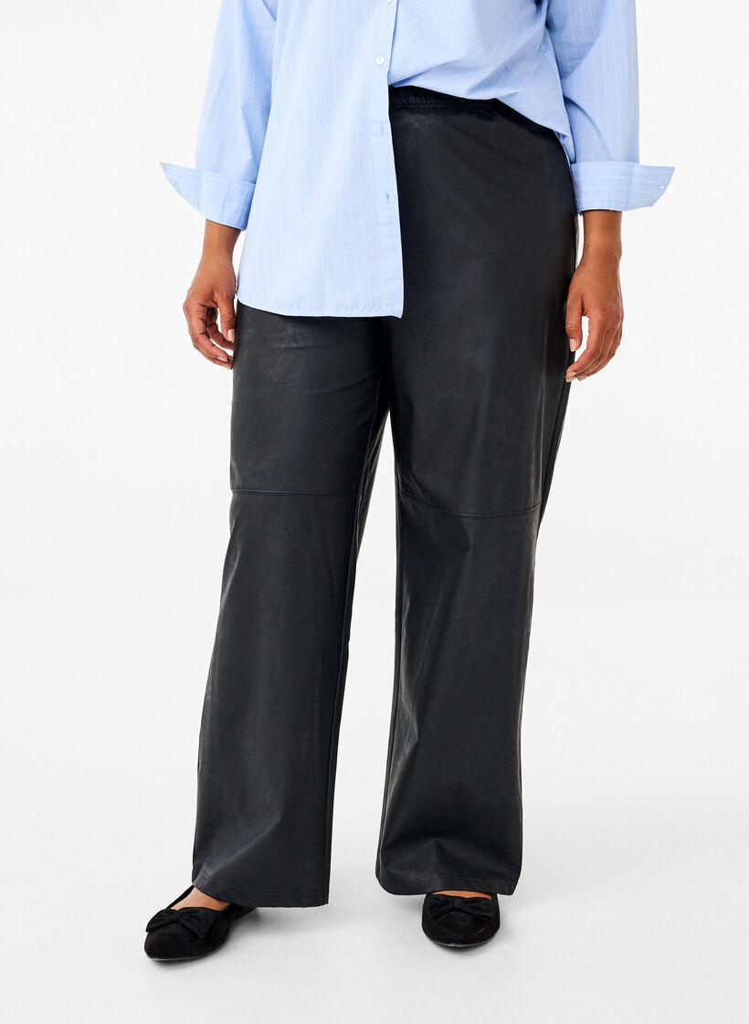 Loose faux leather trousers with elasticated waistband, Black, Model image number 2