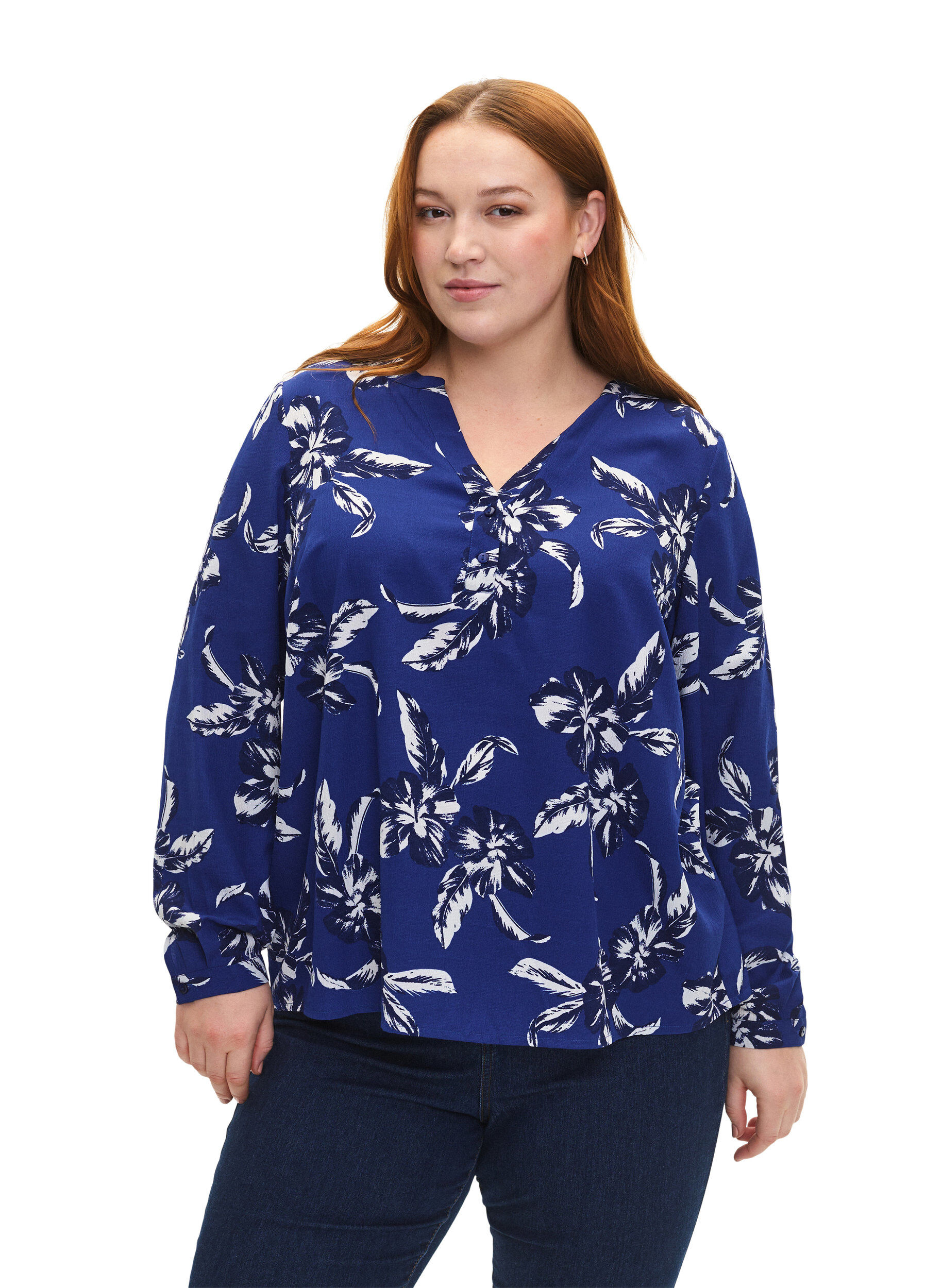 Zizzifashion FLASH - Long sleeve blouse with print, Navy Blazer Flower, Model image number 0
