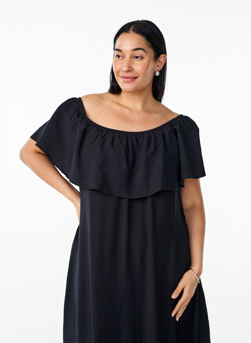 Midi-length dress with ruffled hem and slit, Black, Model image number 2