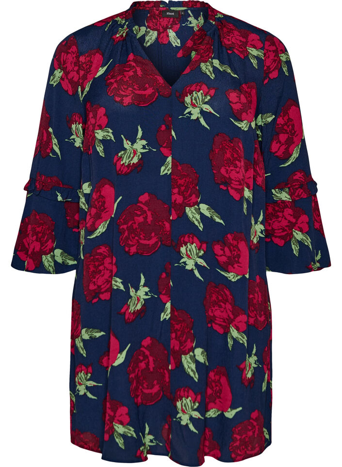Floral dress in viscose with ruffles, Blue, Packshot image number 0