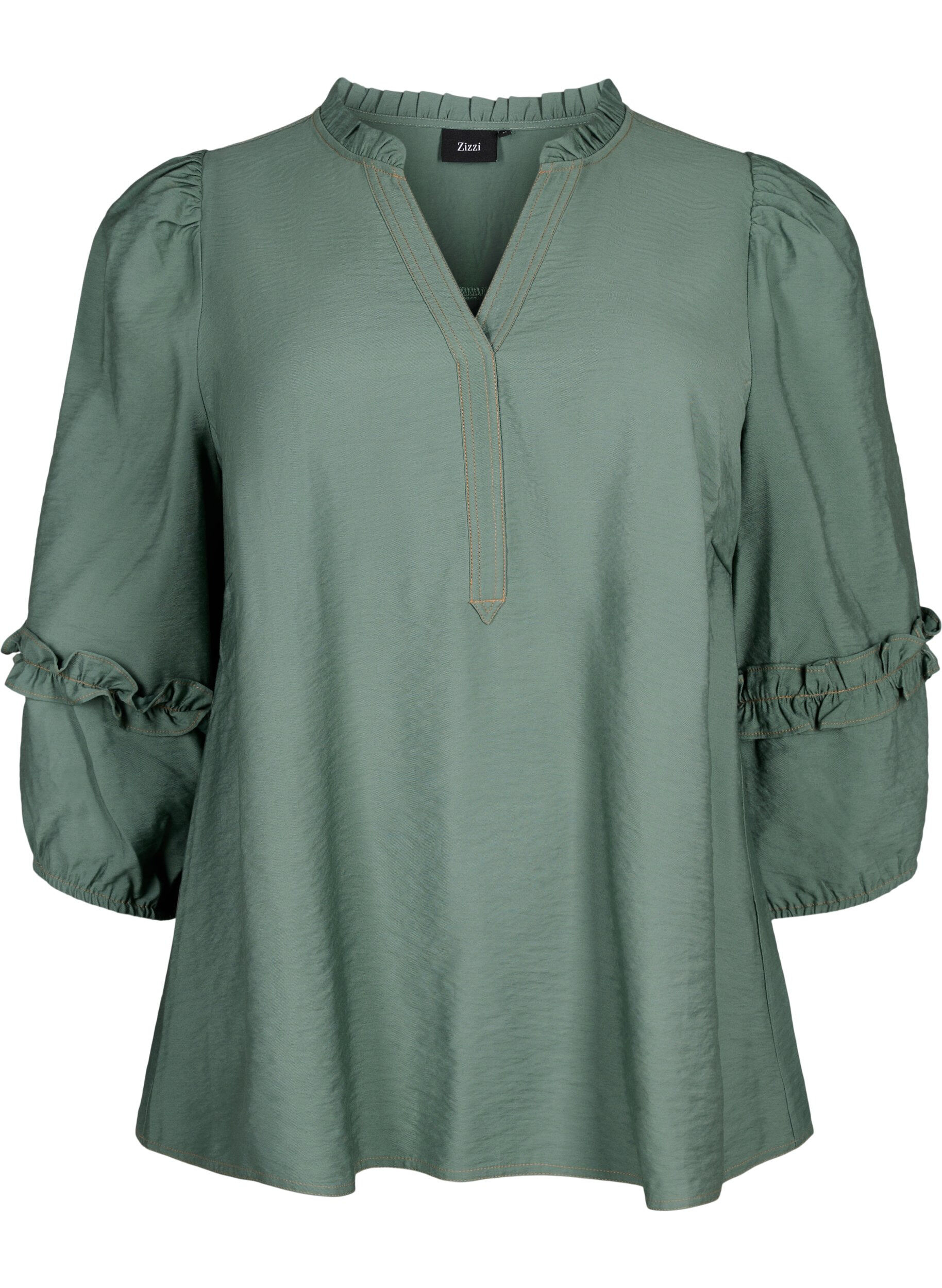 Zizzifashion Blouse with ruffles, Duck Green, Packshot image number 0