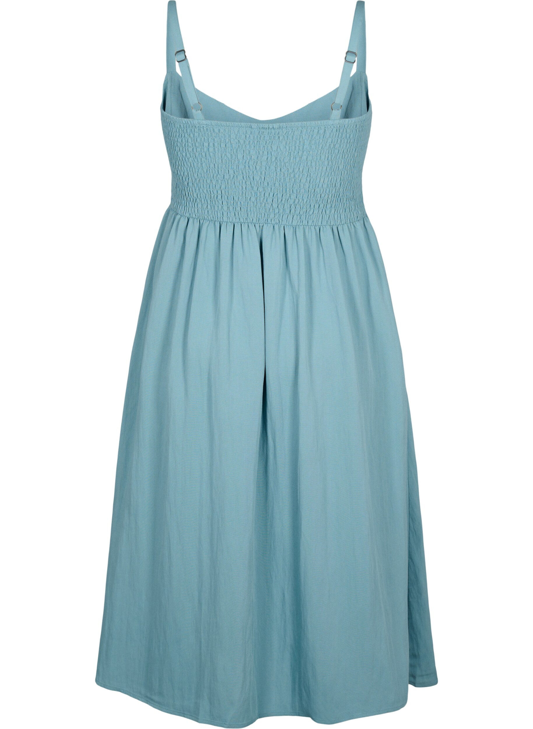 Zizzifashion Plain coloured viscose strap dress with smock, Smoke Blue, Packshot image number 1