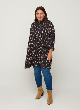 Printed viscose tunic with 3/4-length sleeves, Black AOP, Model image number 2