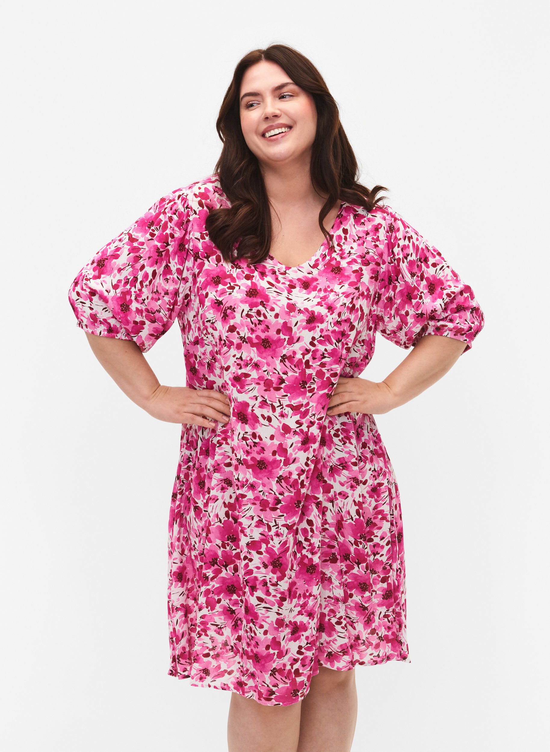 Zizzifashion Floral viscose dress with a-shape, Pink Flower Rain, Model image number 0