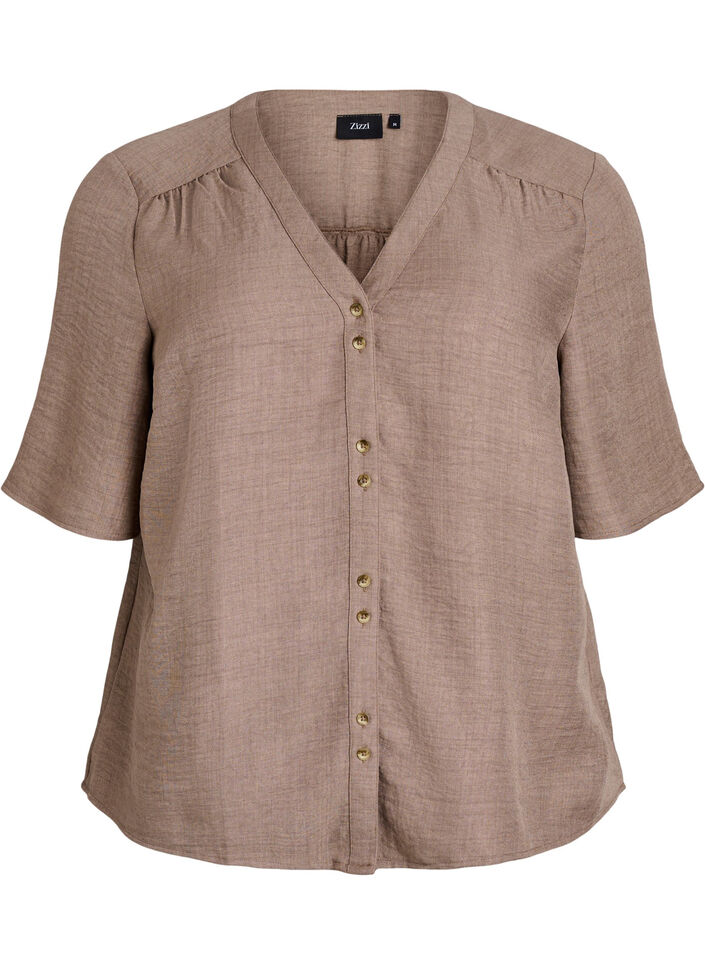 V-neck shirt blouse with short sleeves, Brown, Packshot image number 0