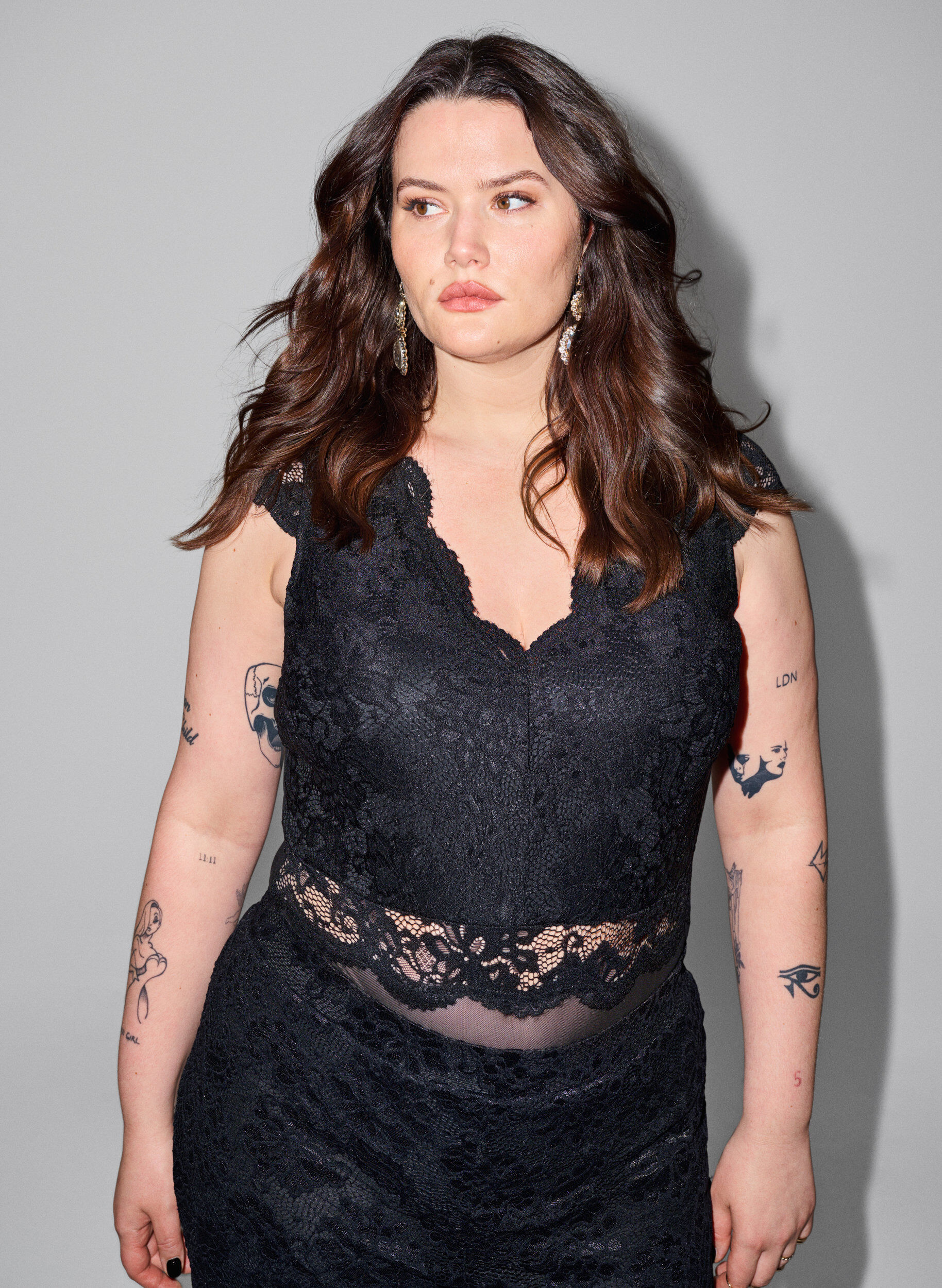 Zizzifashion Bodystocking with lace and v-neckline, Black, Image image number 0