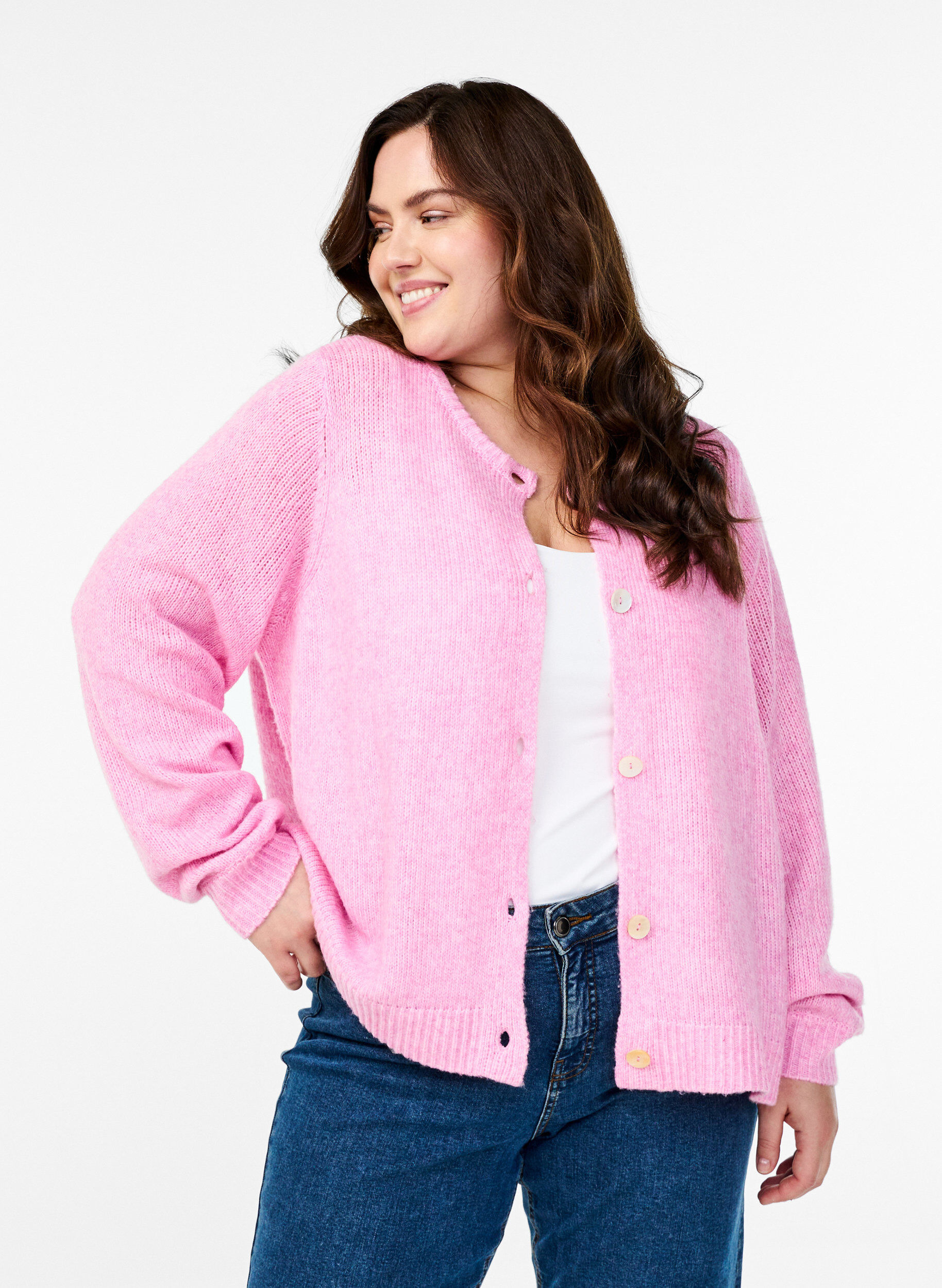 Zizzifashion Knitted cardigan with wool and buttons, Begonia Pink Mel., Model image number 0