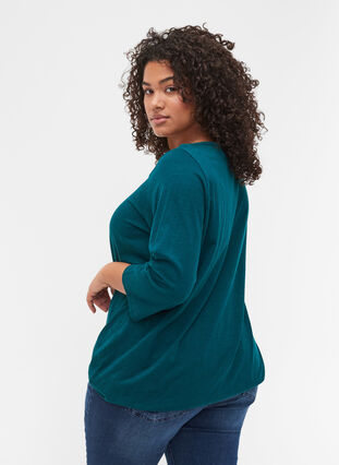Solid-coloured, 3/4-sleeves cotton blouse, Deep Teal, Model image number 1
