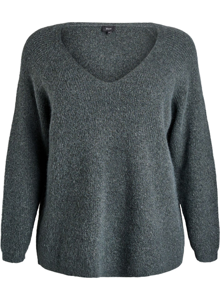 Knitted blouse with V-neck and raglan sleeves, Green, Packshot image number 0