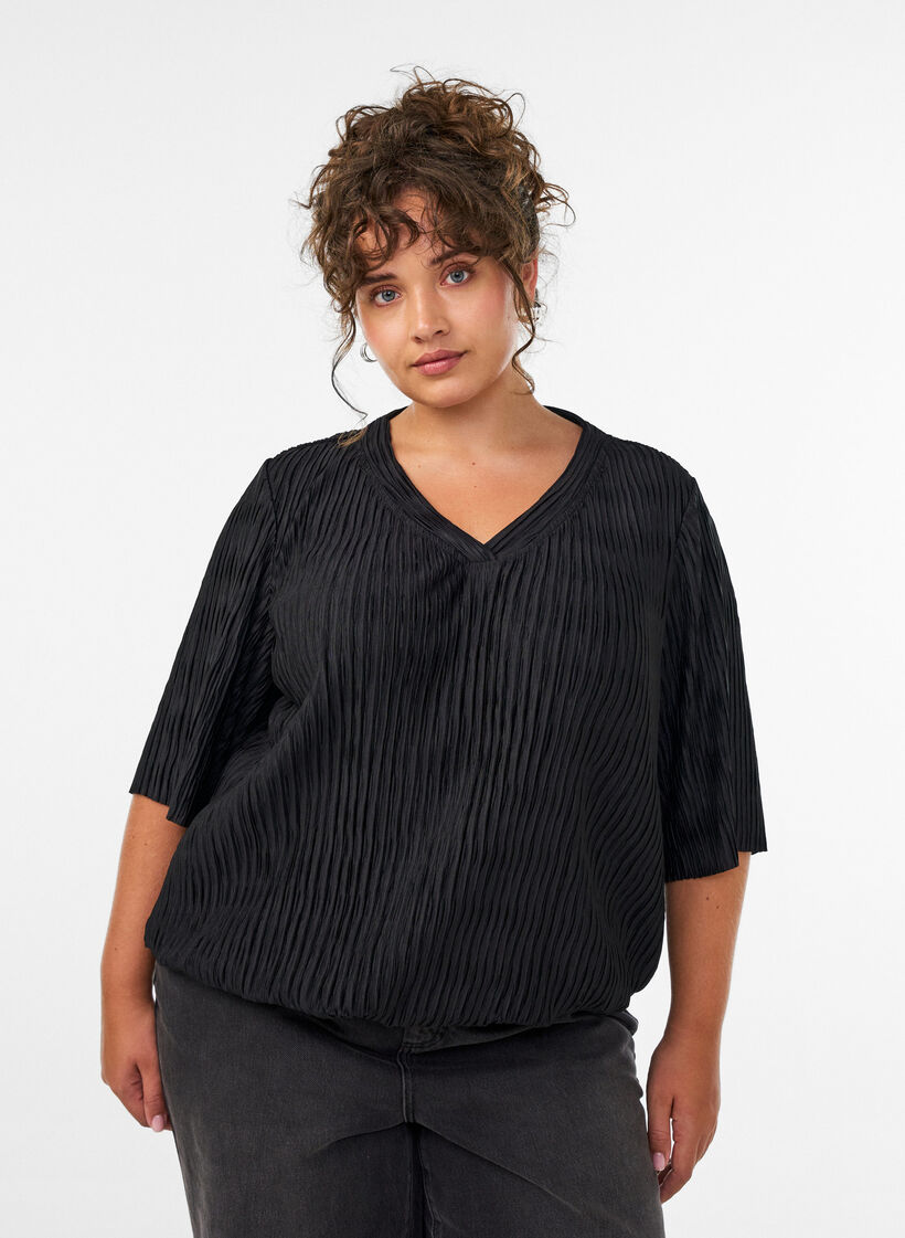 Blouse with wavy texture and balloon shape, Black, Model image number 0