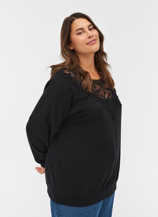 Solid-coloured sweatshirt with lace detailing, Black, Model image number 0