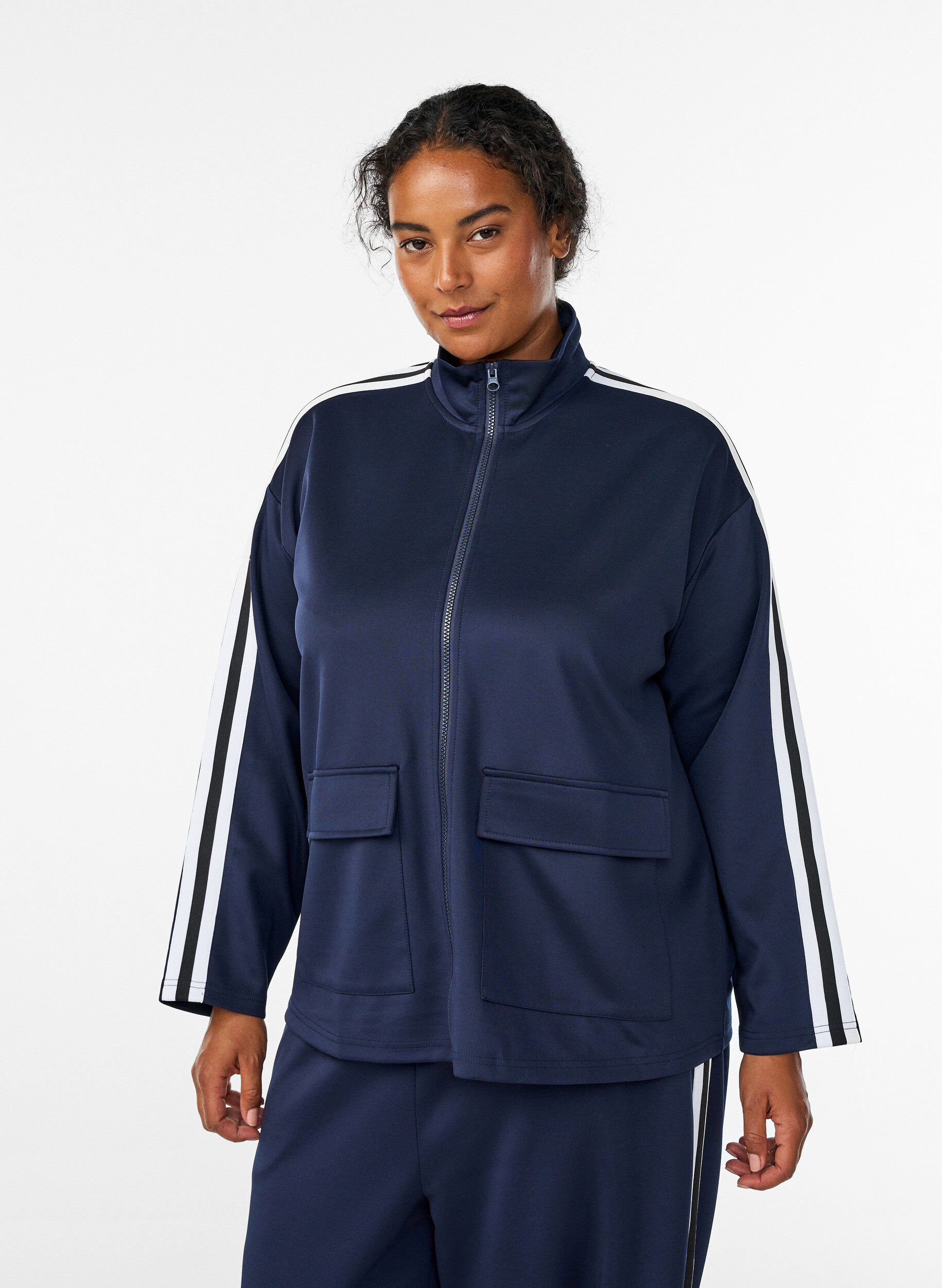 Workout jacket with stripes and cropped sleeves, Blue, Model