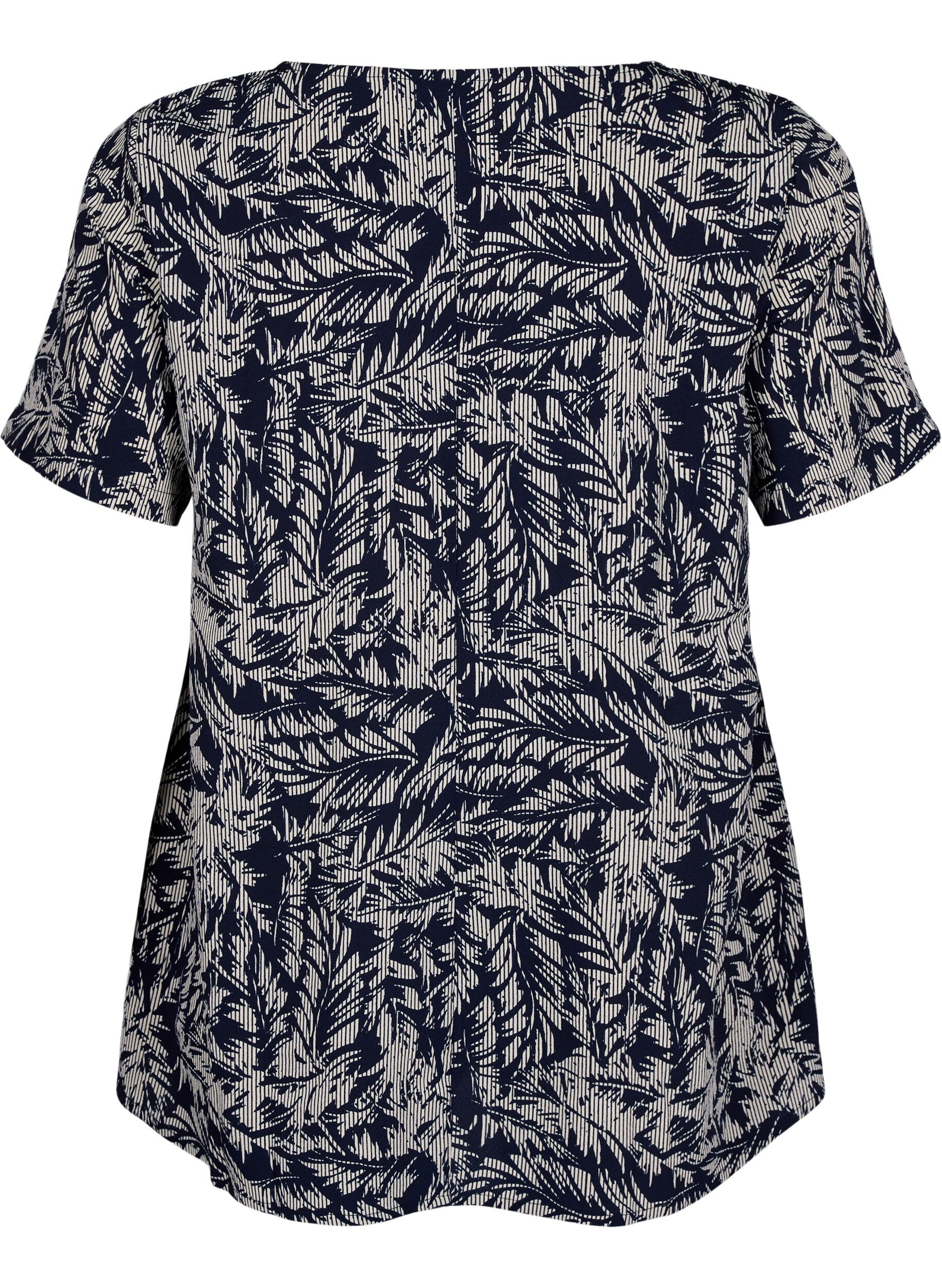 Zizzifashion FLASH - Blouse with short sleeves and print, Off White Blue Leaf, Packshot image number 1