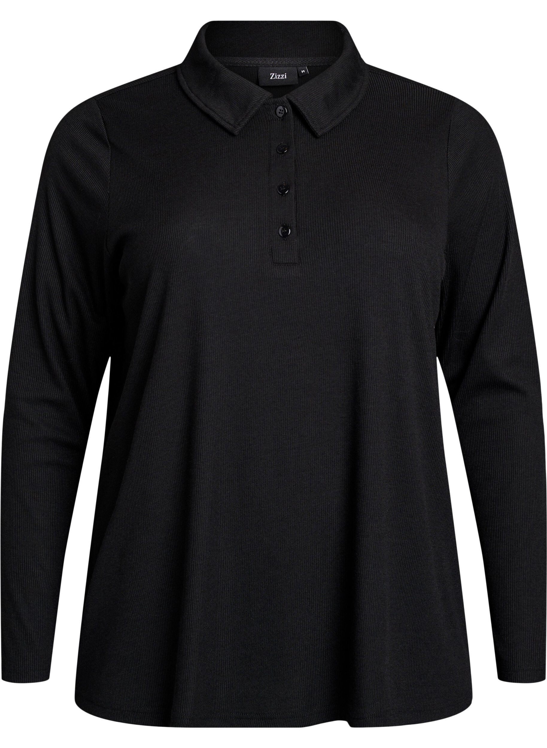 Zizzifashion Long-sleeved polo in stretchy ribbed quality, Black, Packshot image number 0