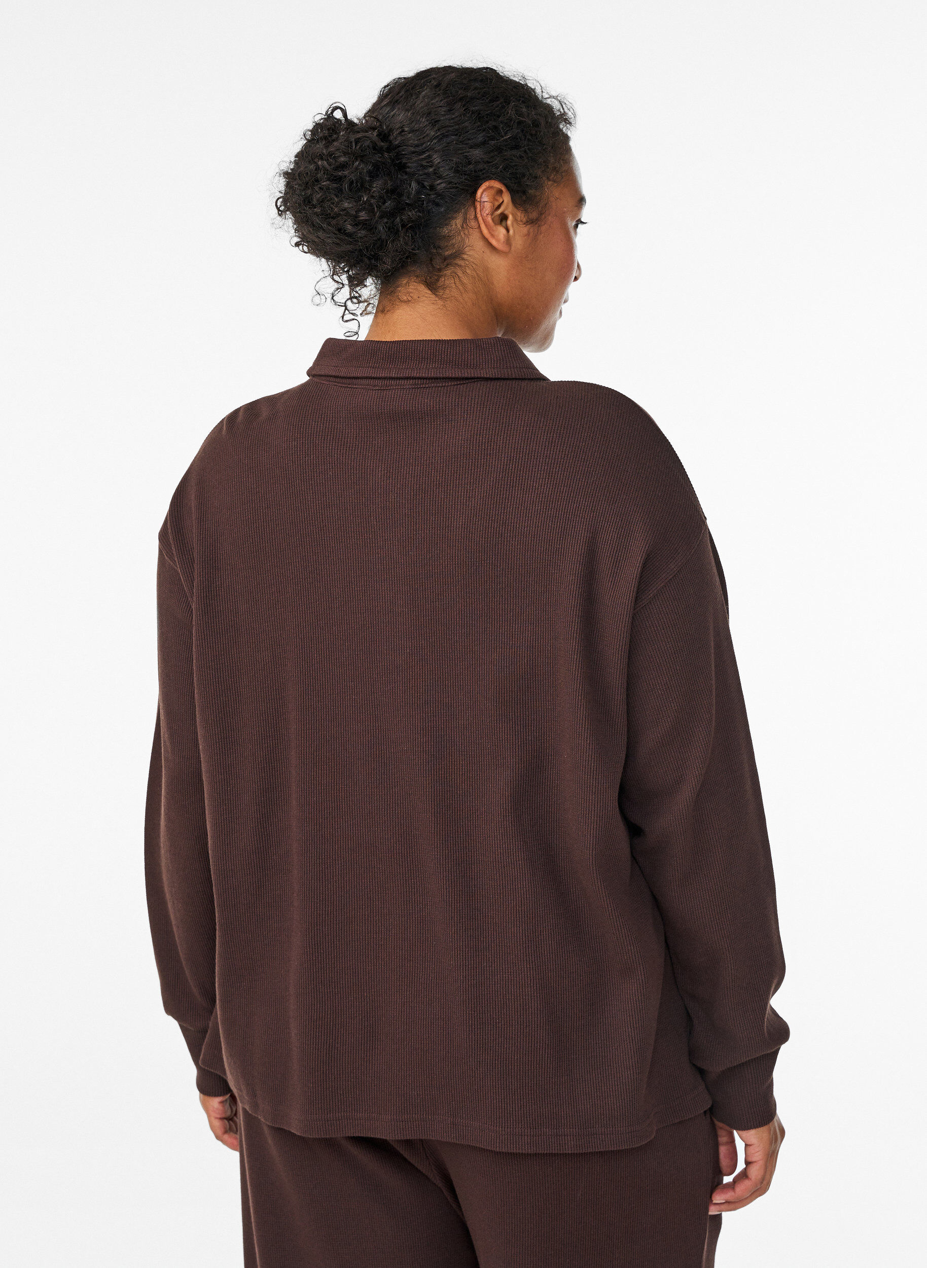 Zizzifashion Ribbed jersey polo shirt with long sleeves, Brown, Model image number 2