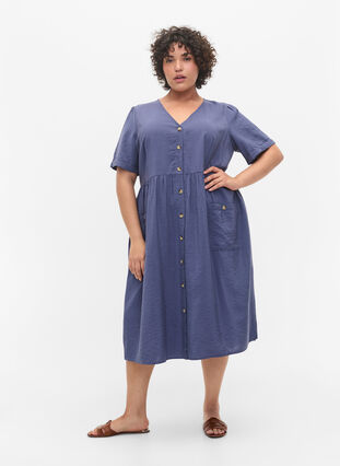 Short sleeve dress with buttons and pockets, Nightshadow Blue, Model image number 2