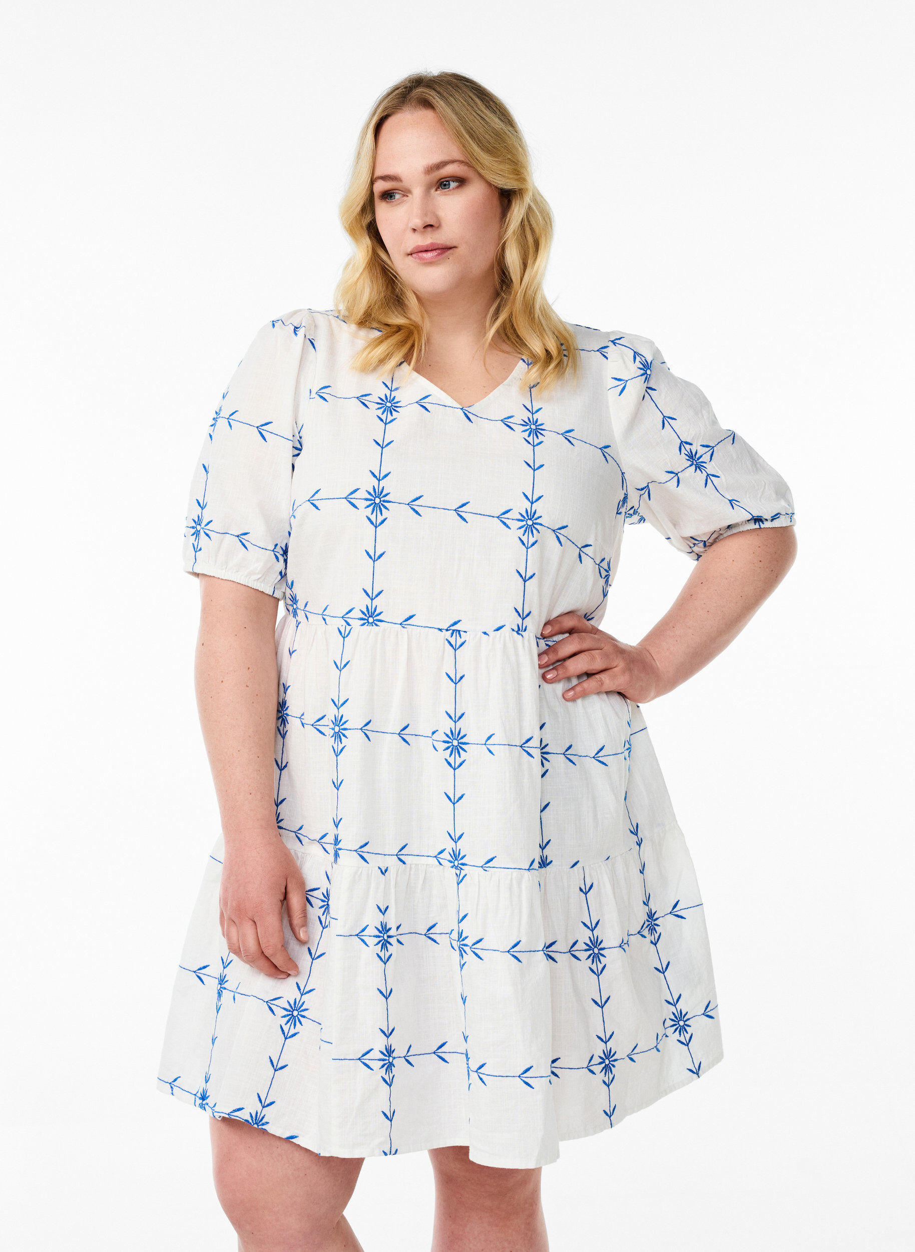 Short dress with V-neck and embroidery, White, Model