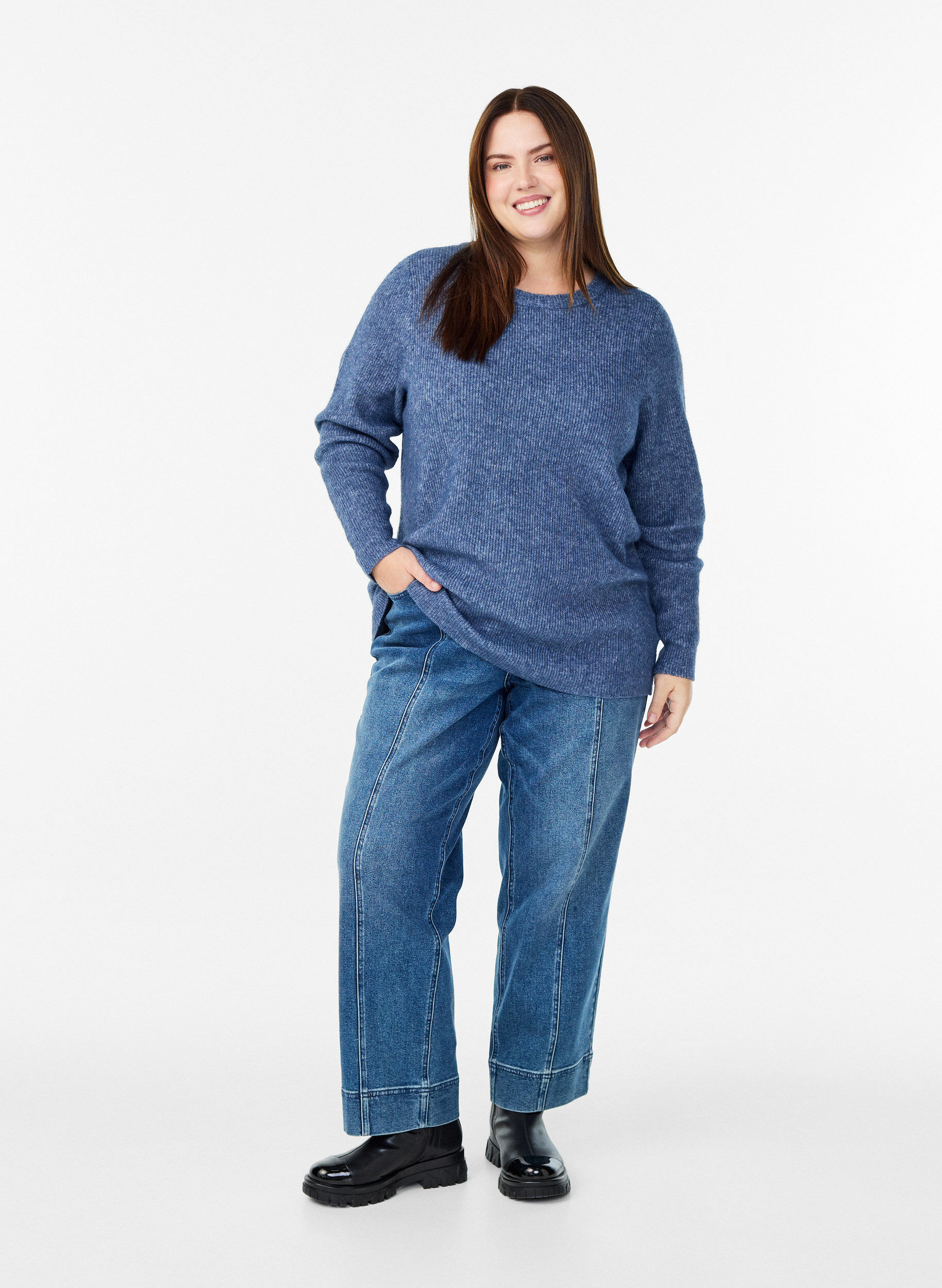 ZizzifashionMelange knit blouse with round neck, Blue, Model image number 1