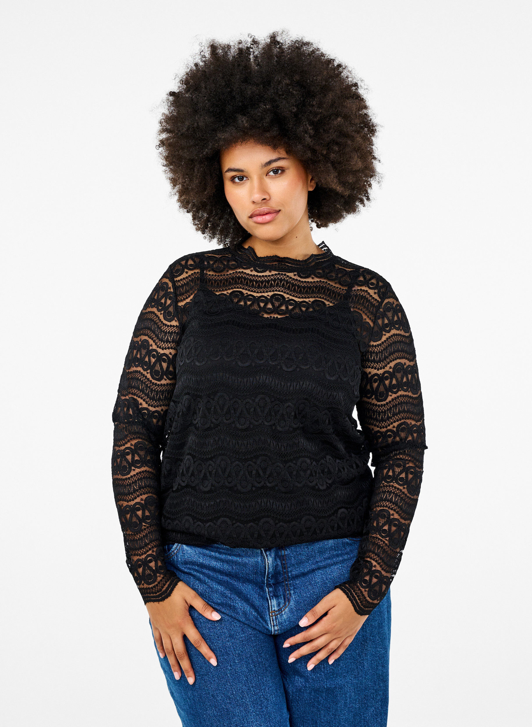Zizzifashion Lace blouse with long sleeves, Black, Model image number 0