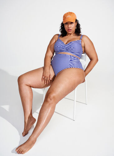 Striped bikini bottom with high waist, Blue Striped, Image image number 0