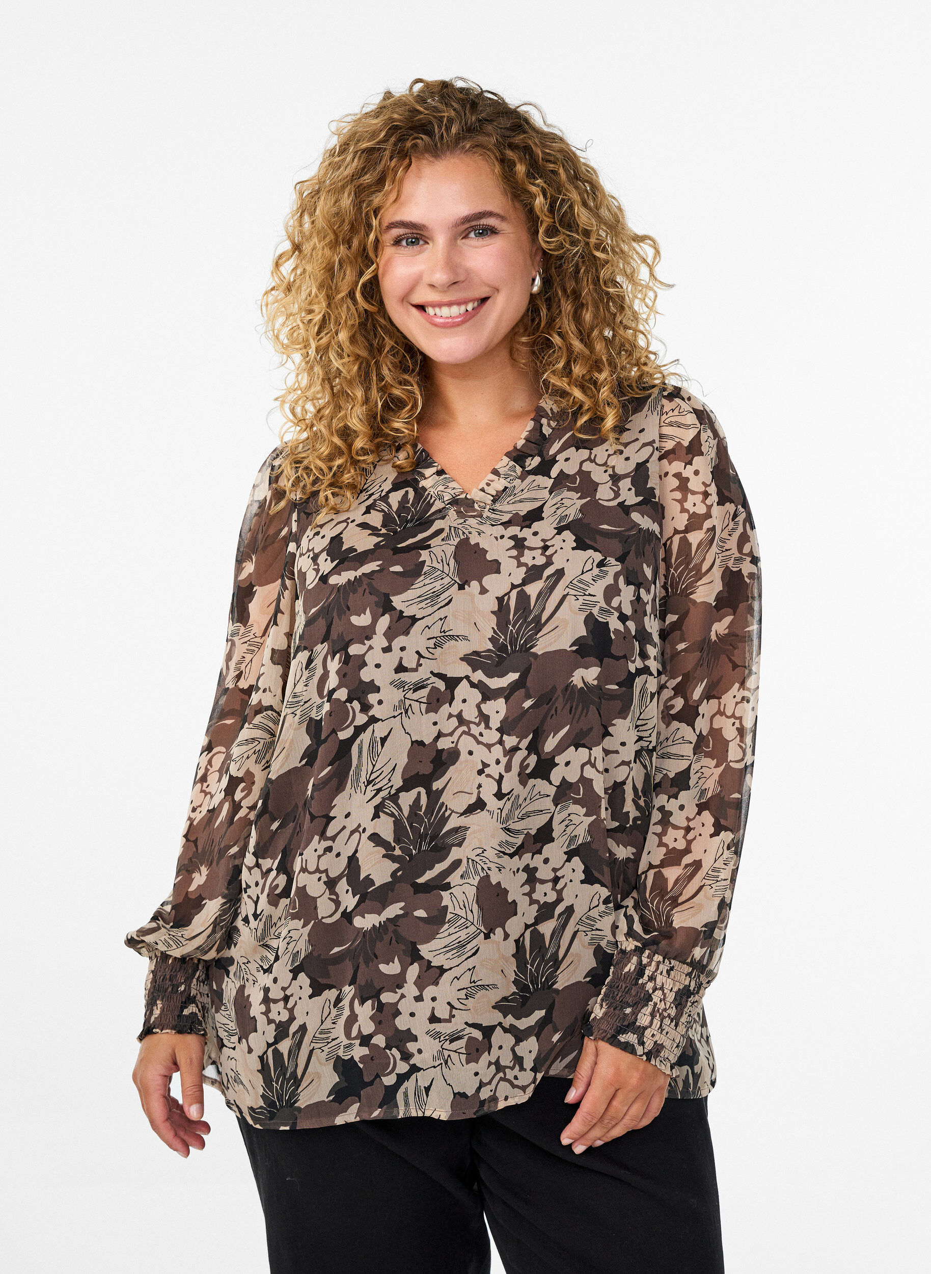 Zizzifashion Blouse with floral print, Black, Model image number 0
