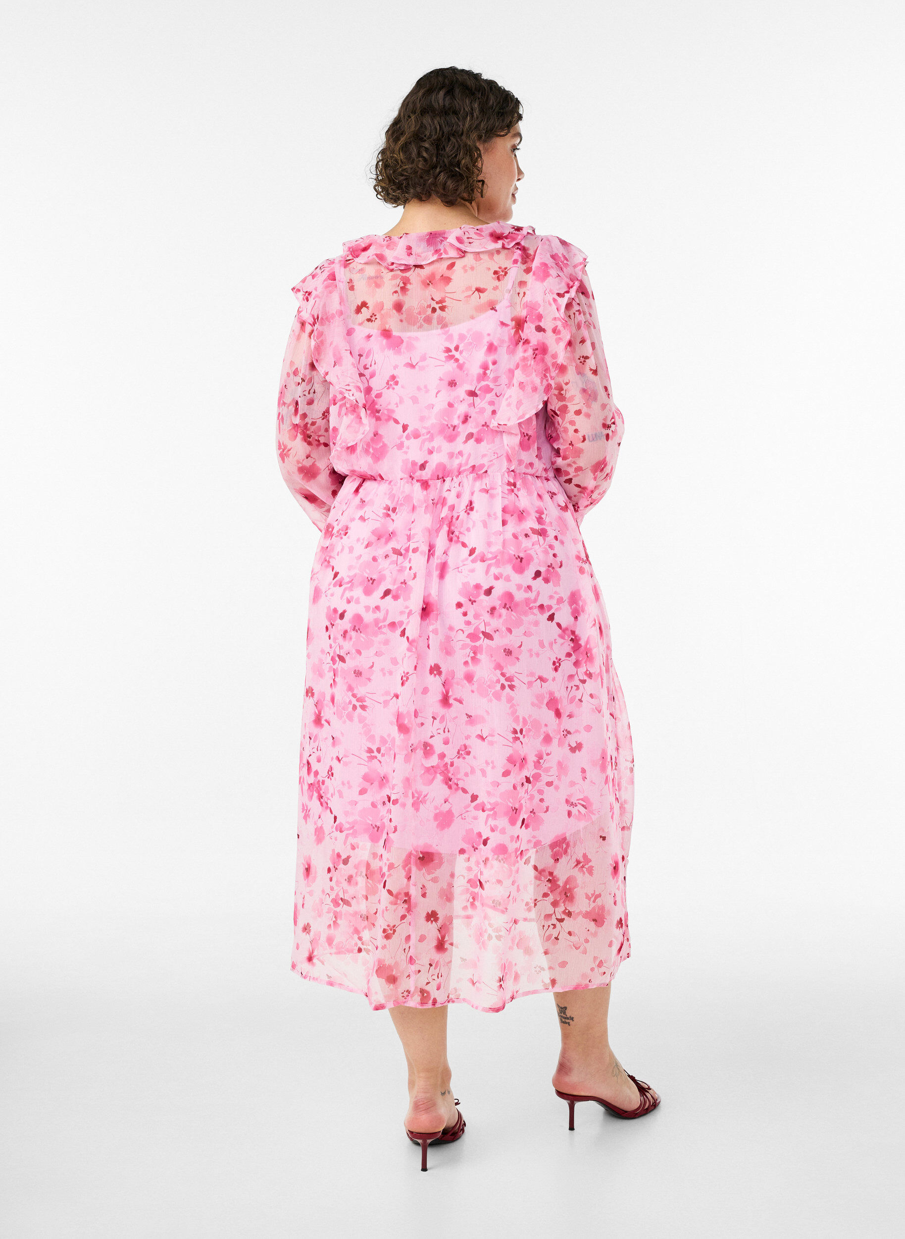 Zizzifashion Floral chiffon dress with ruffles and long sleeves, Pink, Model image number 1