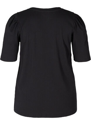 Rib t-shirt with short puff sleeves, Black, Packshot image number 1