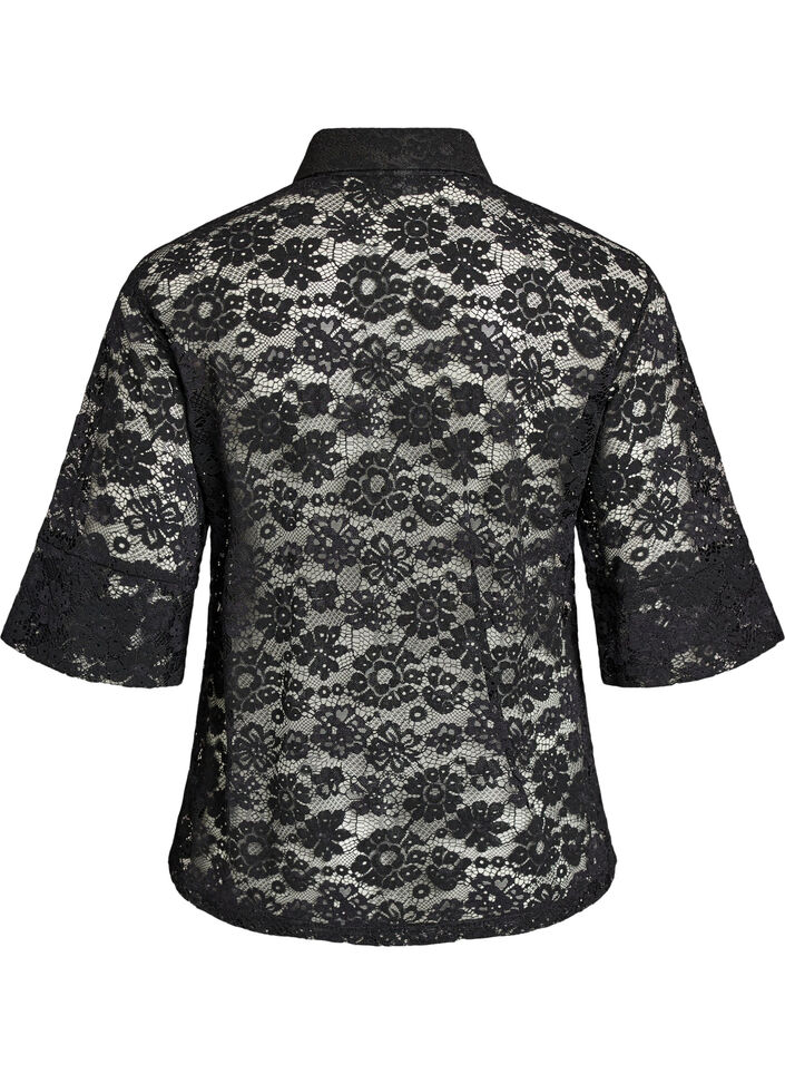 Lace blouse with collar and 1/2 sleeves, Black, Packshot image number 1