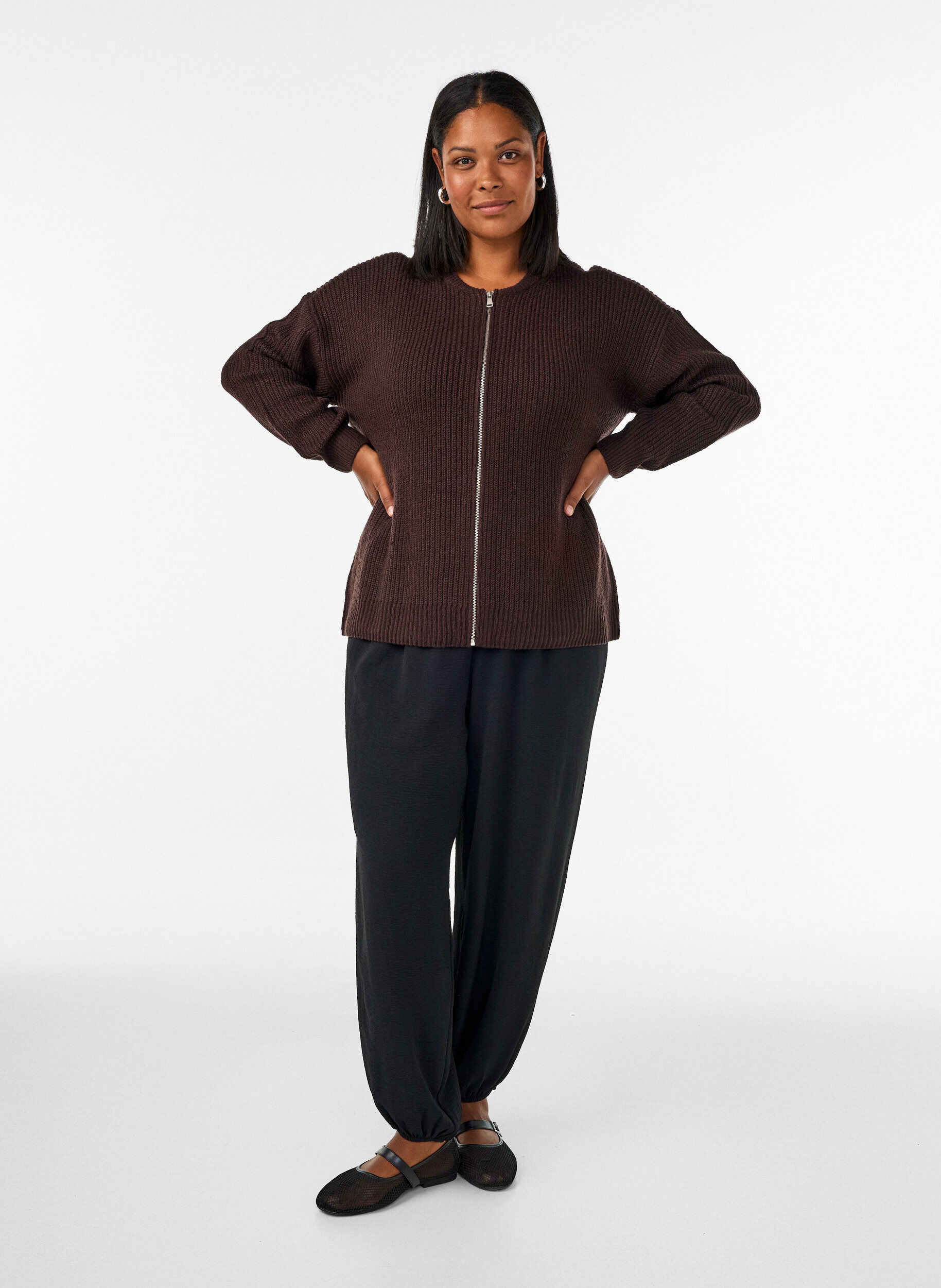 ZizzifashionKnit cardigan with zip, Brown, Model image number 1