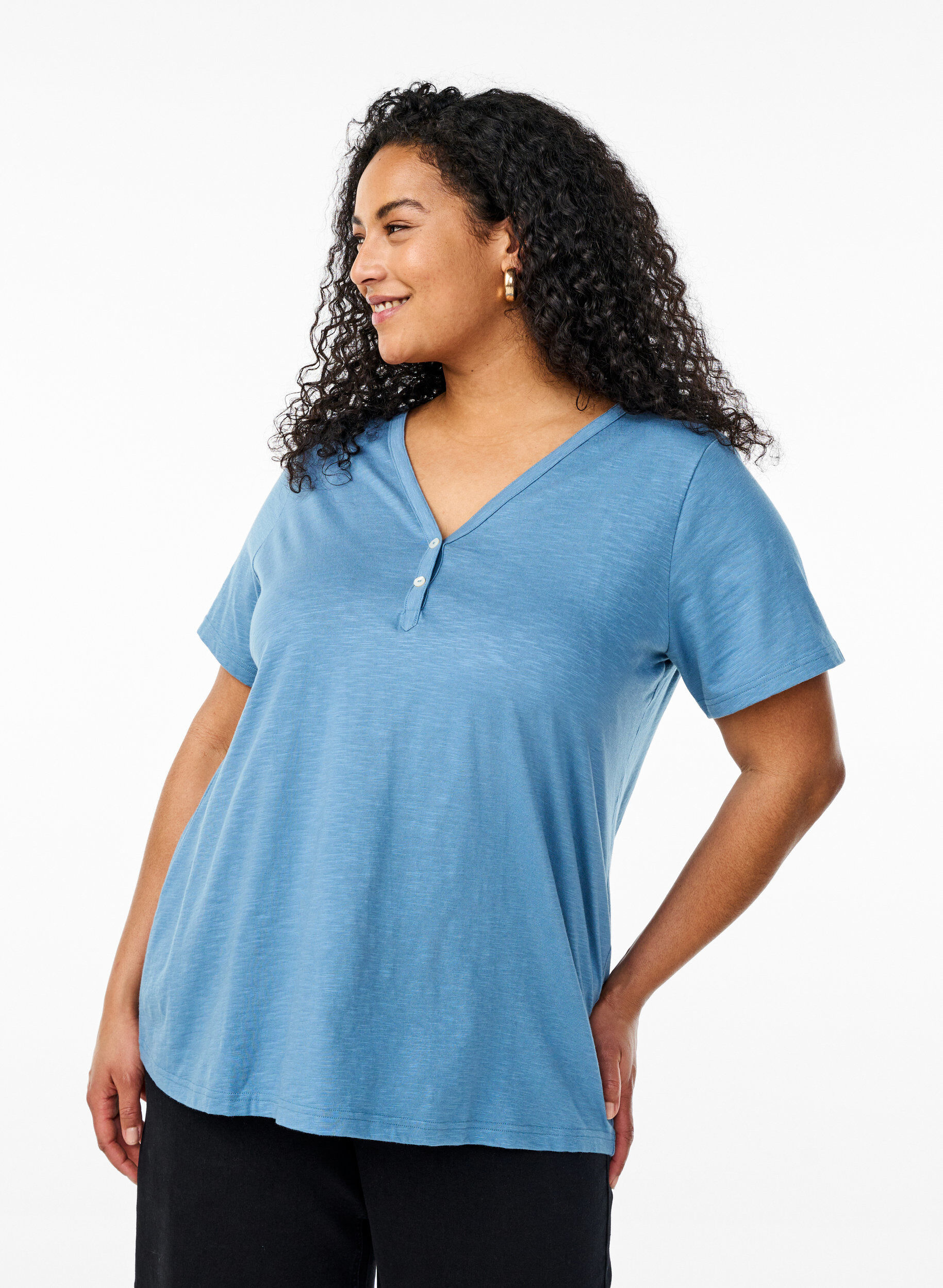 Zizzifashion FLASH - T-shirt with button detail, Blue, Model image number 0