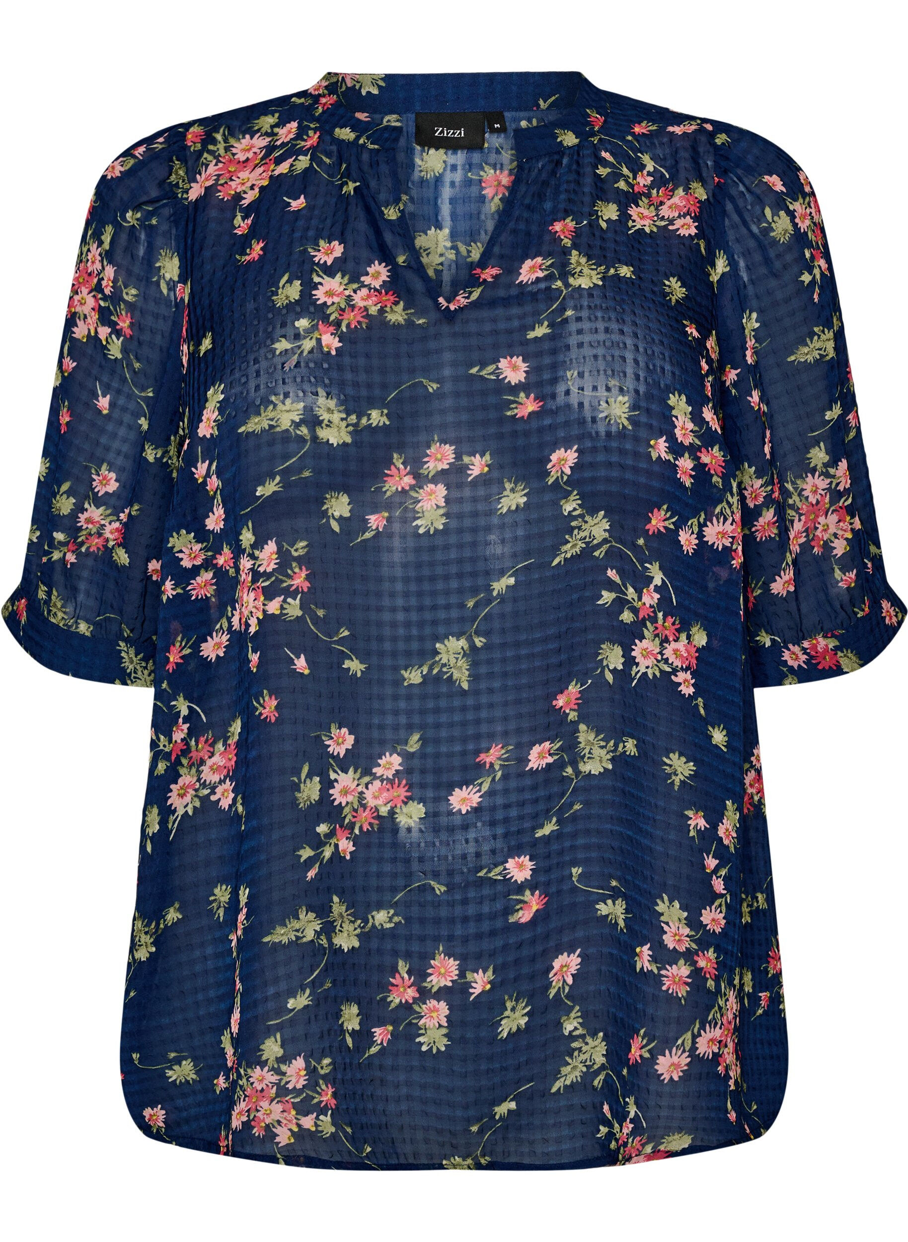 Zizzifashion Blouse with floral print and V-neck, Blue, Packshot image number 0