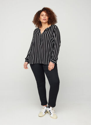 Striped blouse in viscose, Black White stripe, Model image number 2