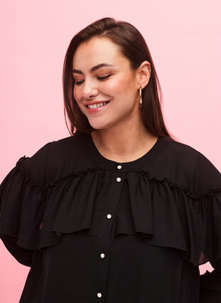 Ruffle shirt blouse with pearl buttons, Black, Model image number 2
