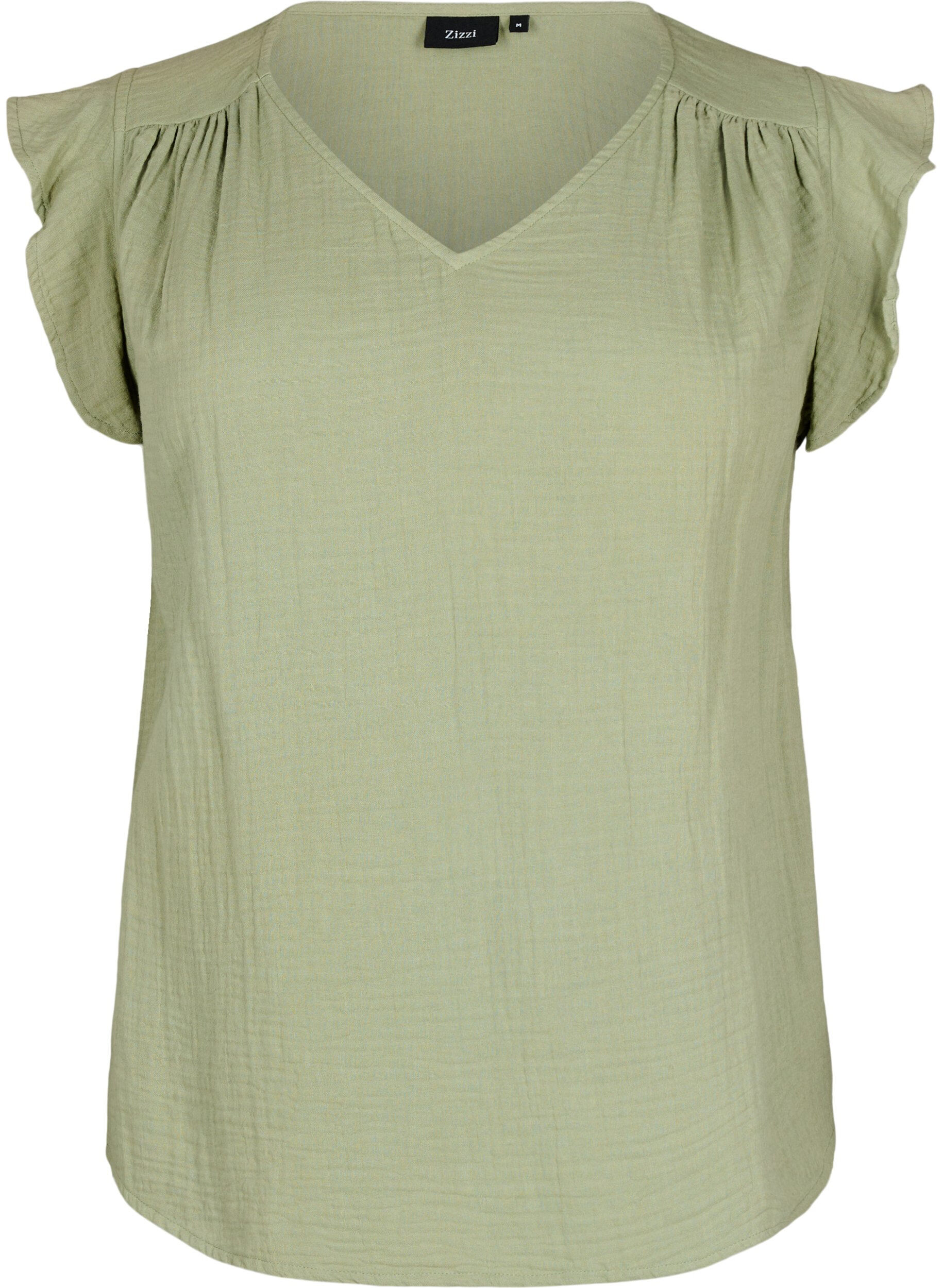 Zizzifashion Sleeveless top in cotton muslin with ruffles, Green, Packshot image number 0