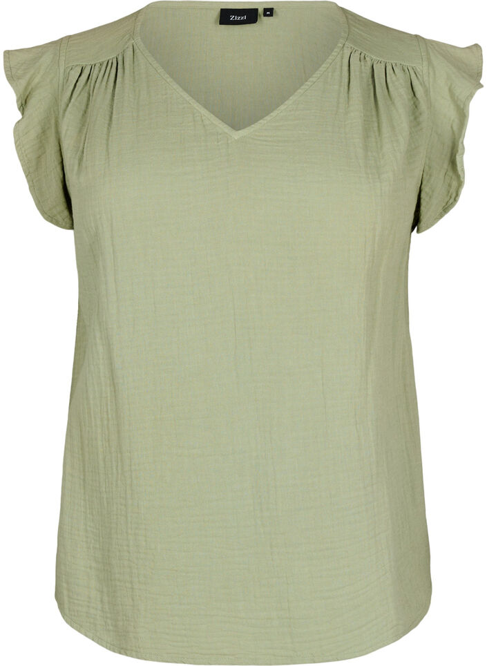 Sleeveless top in cotton muslin with ruffles, Green, Packshot image number 0