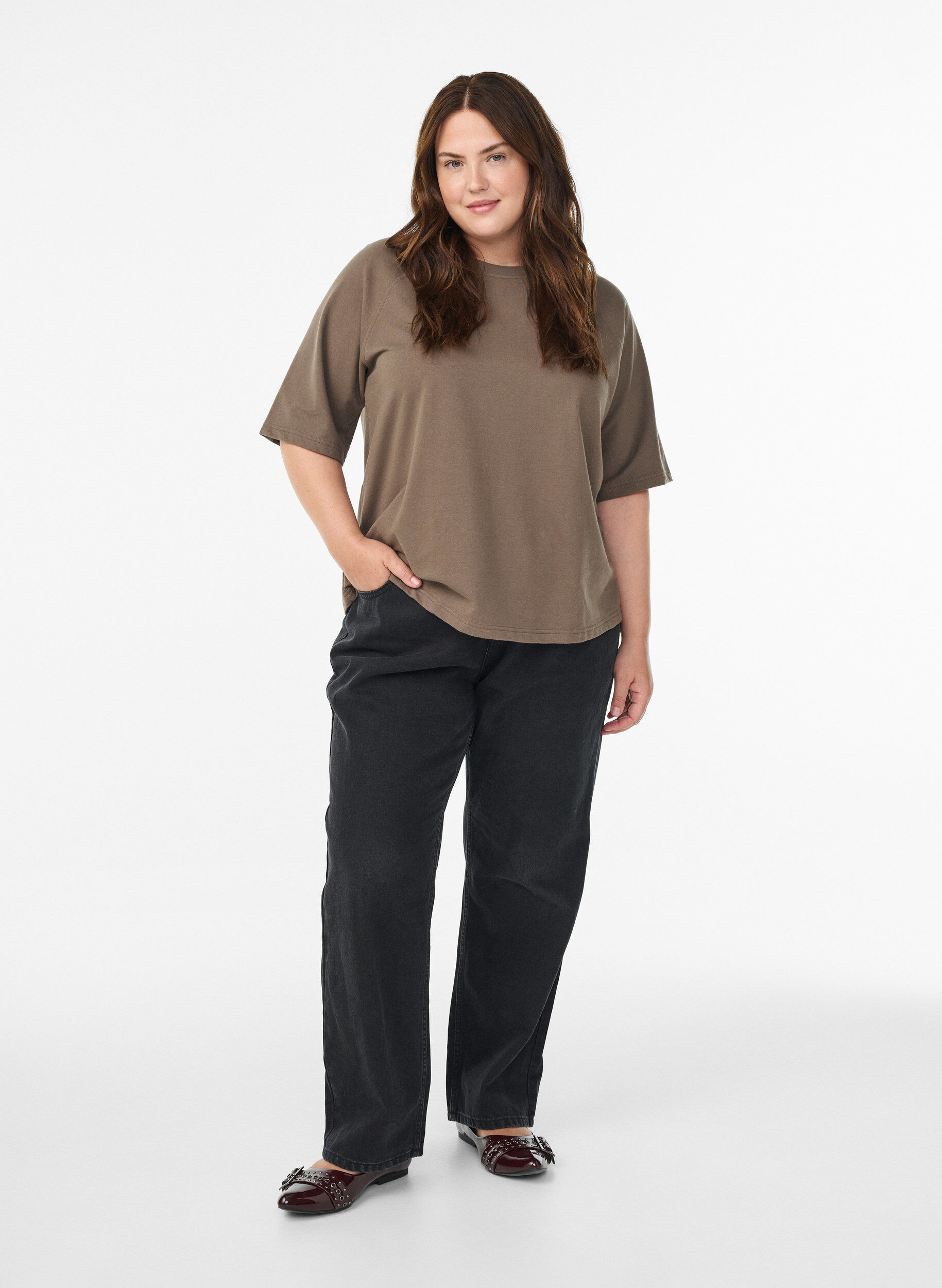 Zizzifashion Jersey blouse with 1/2 raglan sleeves, Brown, Model image number 1