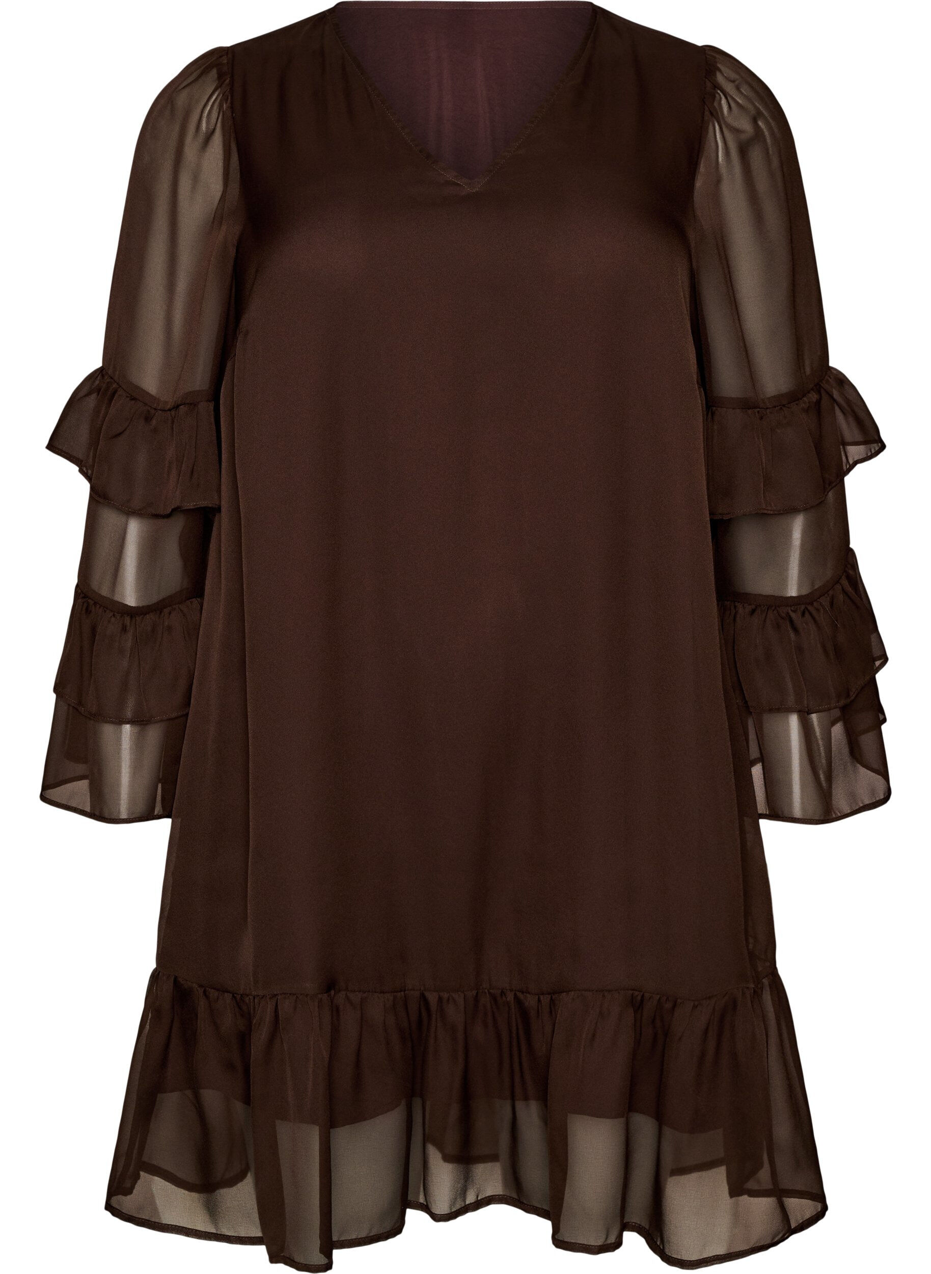 ZizzifashionShort dress with sheer ruffle sleeves, Brown, Packshot image number 0