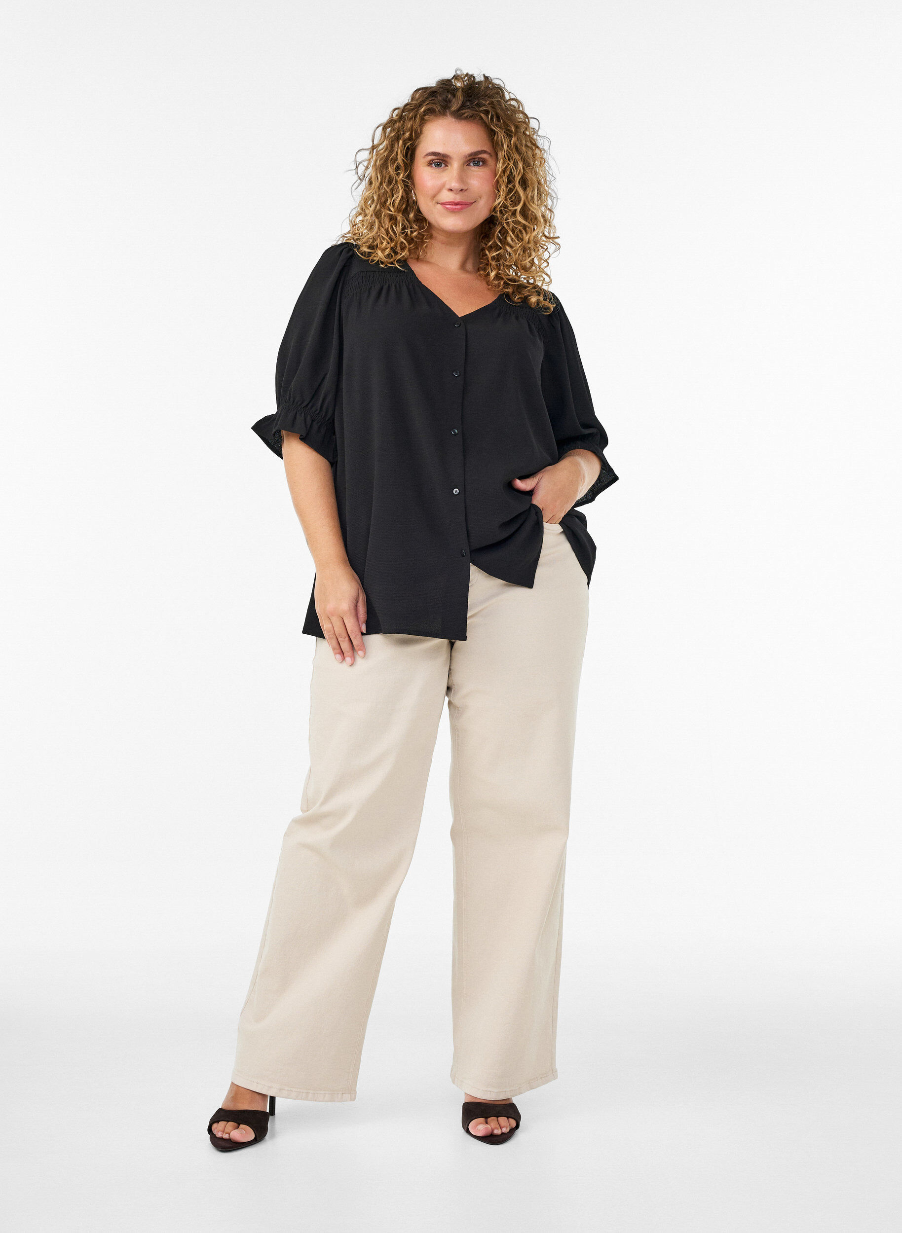 Zizzifashion Shirt blouse with 1/2 sleeves, Black, Model image number 1