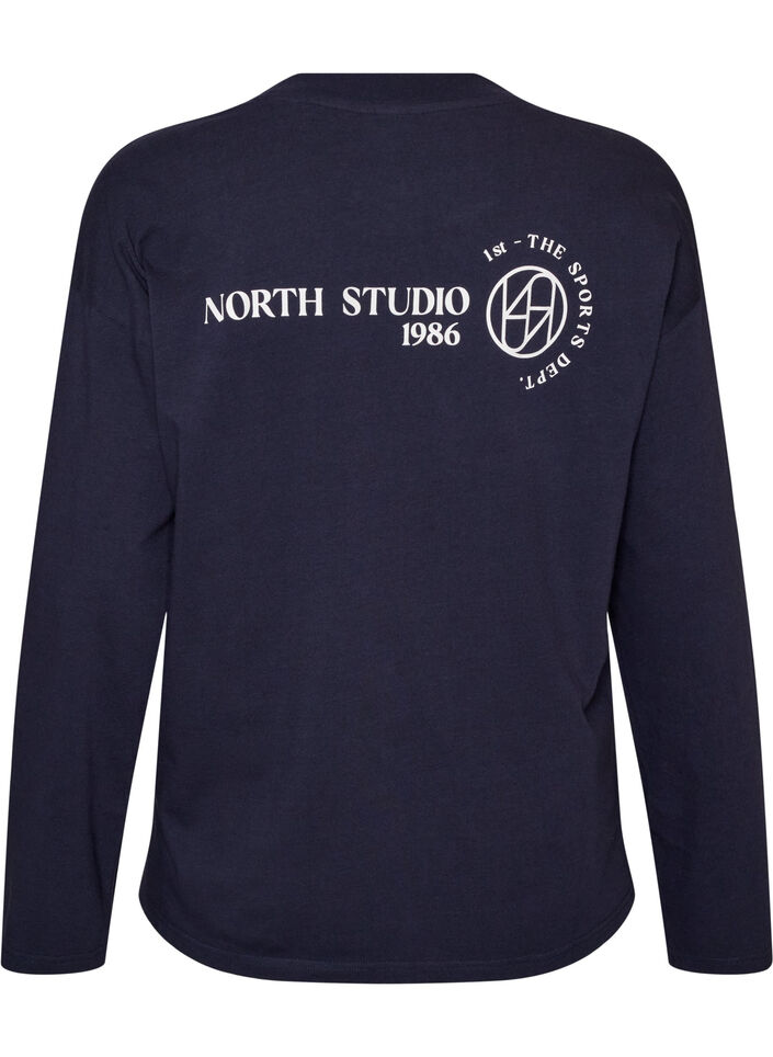 Long-sleeved jersey blouse with text print, Blue, Packshot image number 1