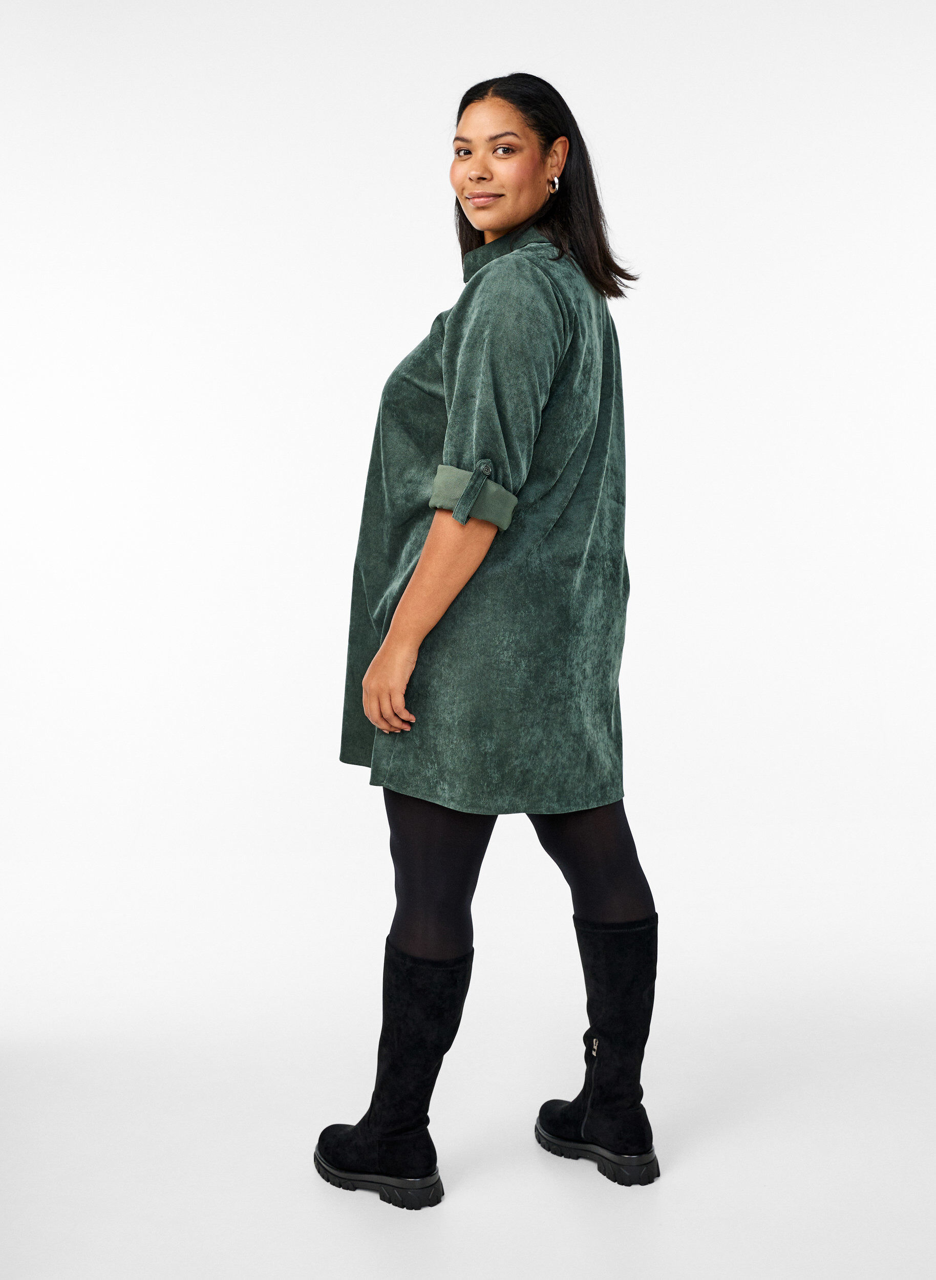 Zizzifashion Corduroy dress with zipper and 3/4 sleeves, Green, Model image number 2