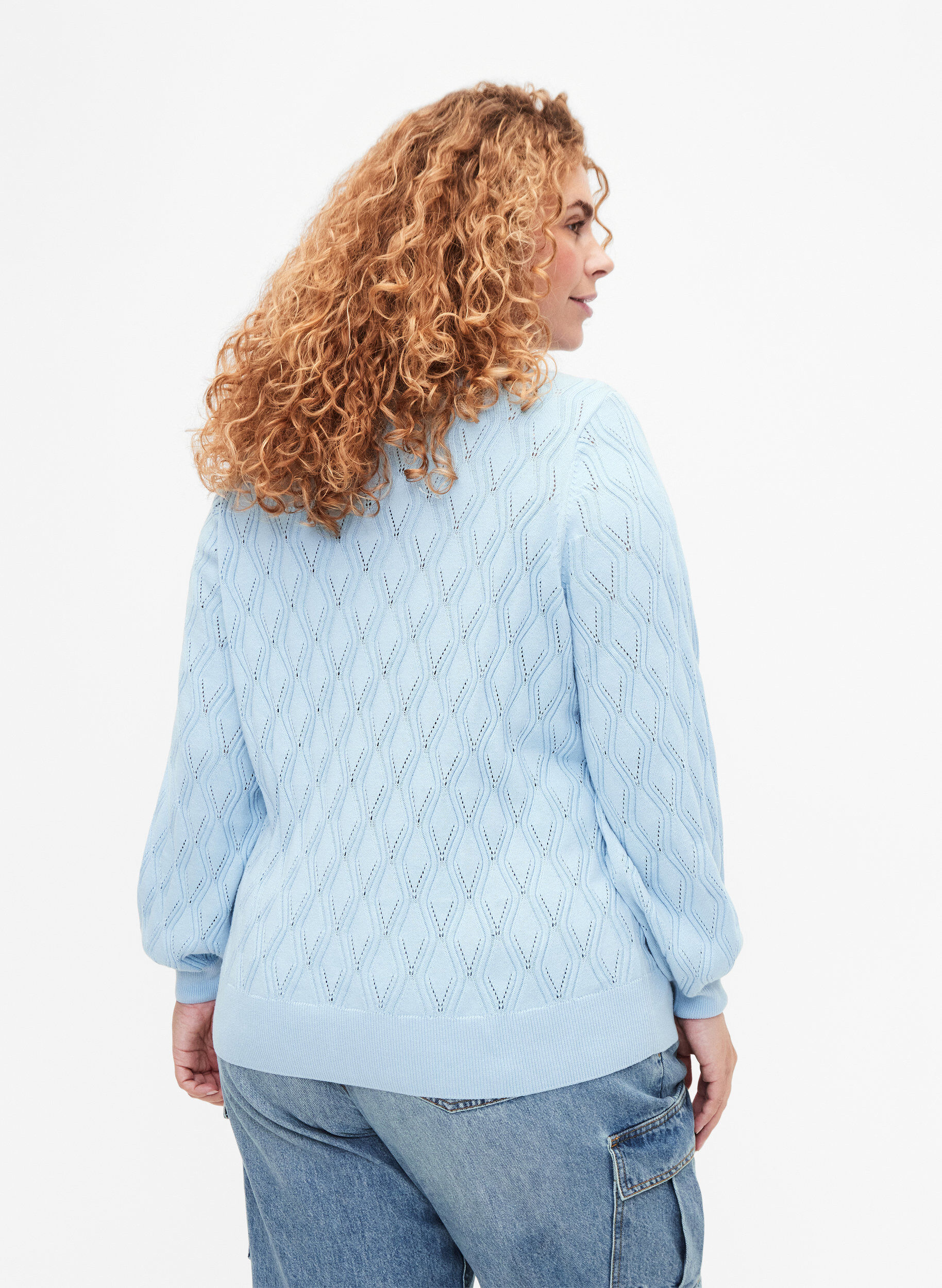 Zizzifashion Pullover with hole pattern and boat neck	, Blue Bell, Model image number 1